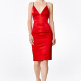 Red Silk Satin Plunging Neckline Cross Back Dress