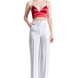 Crepe Silk High Waisted Long Trousers in White