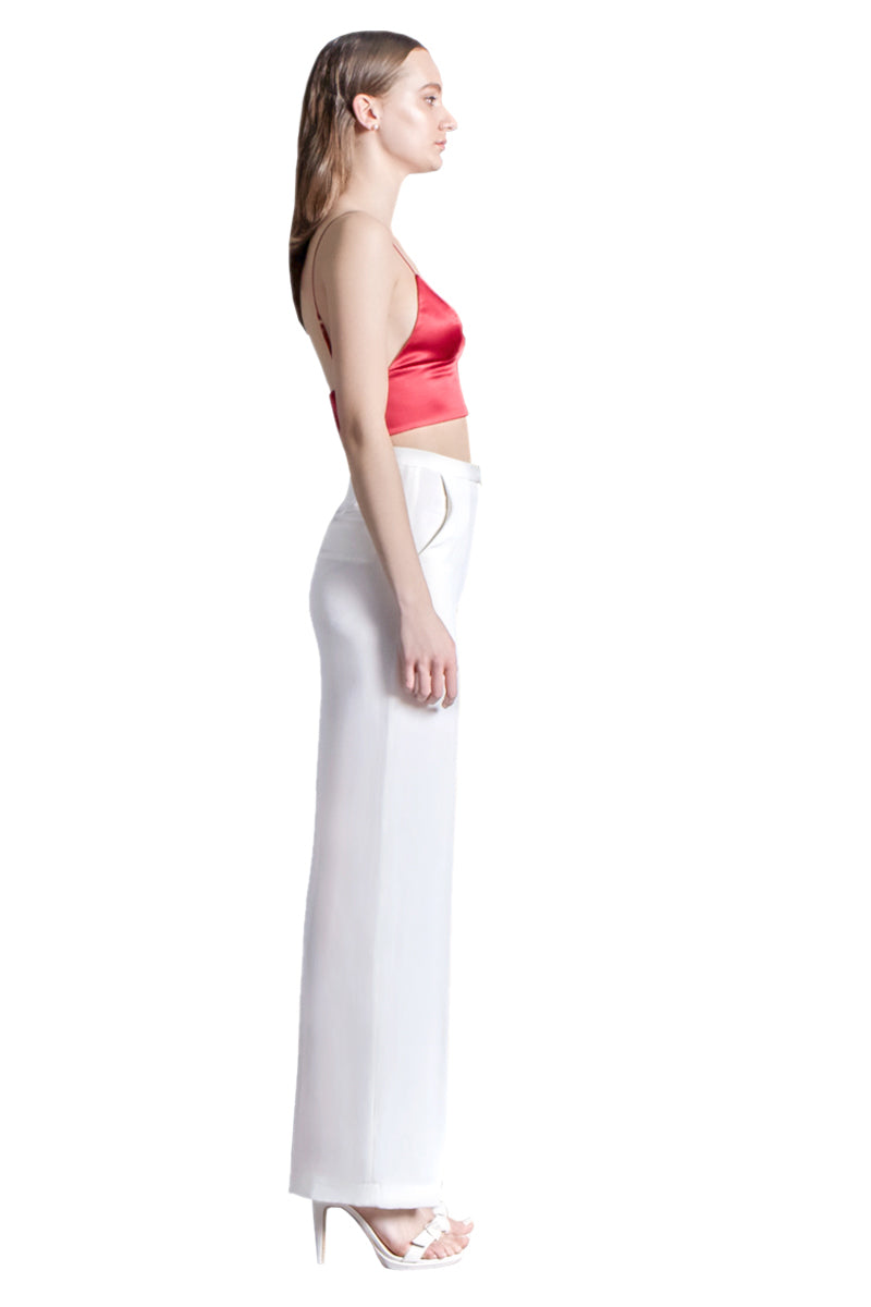 Crepe Silk High Waisted Long Pants in White