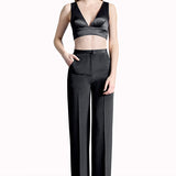 Crepe Silk High Waisted Long Trousers in Black