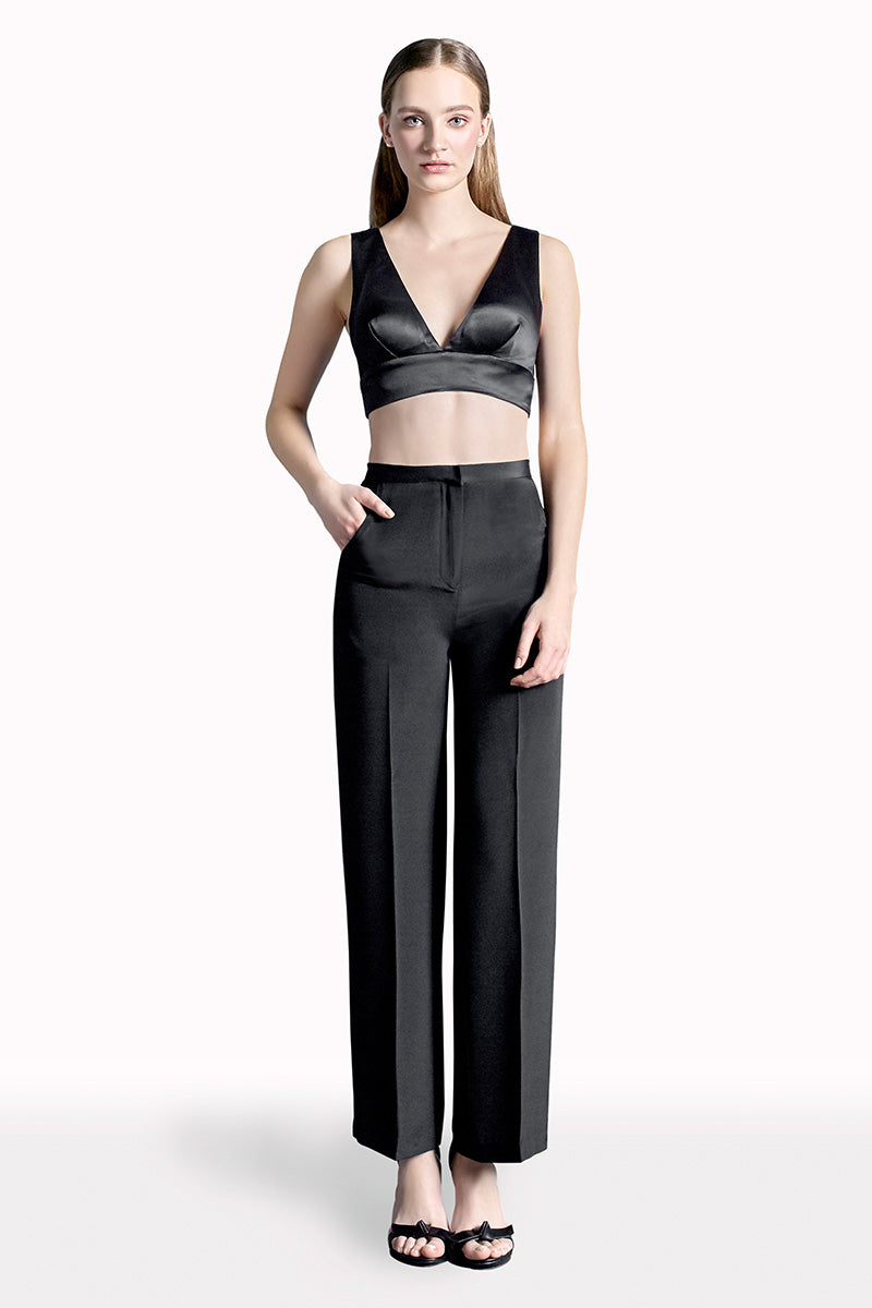 Crepe Silk High Waisted Long Pants in Black