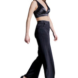 Crepe Silk High Waisted Long Trousers in Black