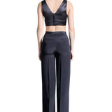 Crepe Silk High Waisted Long Trousers in Black