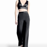 Crepe Silk High Waisted Long Trousers in Black