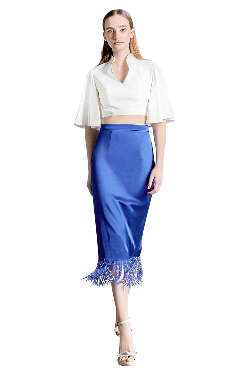 Crystal Tassels Silk Satin Pencil Skirt in Royal Blue