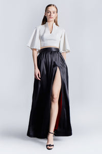 Silk Satin Side Maxi Skirt in Black