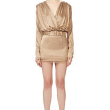 Silk Satin High Waisted Micro Mini Skirt With Crystal Fringes in Champagne