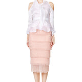White Silk Gazar Cold Shoulder Belted Top