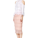 White Silk Gazar Cold Shoulder Belted Top