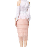 White Silk Gazar Cold Shoulder Belted Top