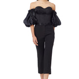 Silk Puffy Sleeves Strapless Bustier Top in Black