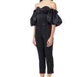 Silk Puffy Sleeves Strapless Bustier Top in Black