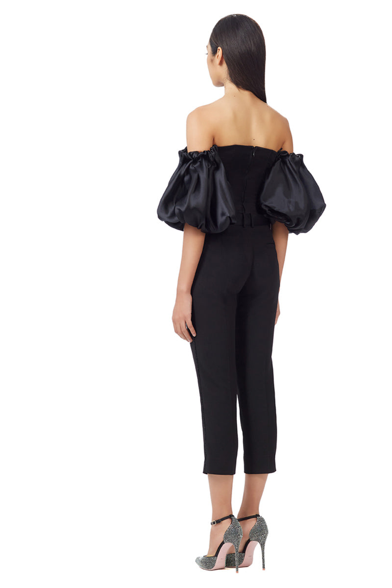 Silk Puffy Sleeves Strapless Bustier Top in Black