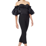 Silk Puffy Sleeves Strapless Bustier Top in Black
