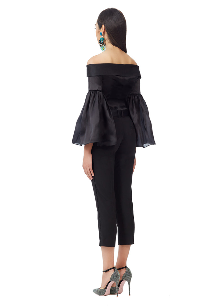 Silk Gazar Off Shoulder Bell Sleeves Top in Black