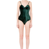 Silk Velvet Corseted Bodysuit in Emerald Green