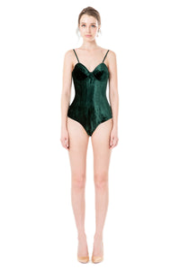 Silk Velvet Corseted Bodysuit in Emerald Green