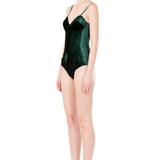 Silk Velvet Corseted Bodysuit in Emerald Green