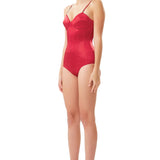 Silk Satin Corseted Bodysuit in Red