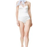 Silk Satin Corseted Bodysuit in White