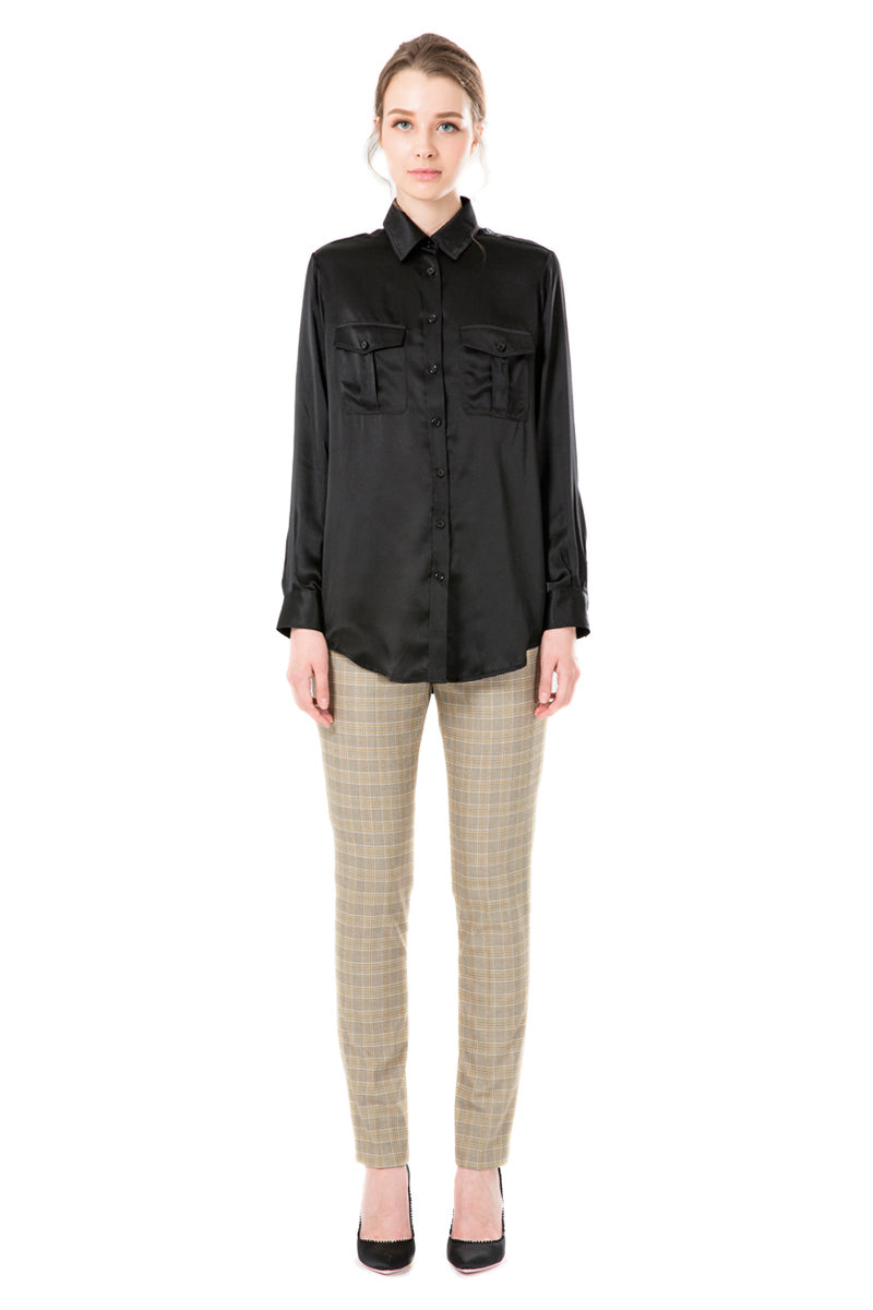 Silk Satin Oversized Double Pocket Shirt in Black