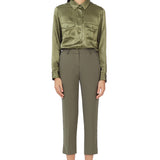 Silk Satin Oversized Double Pocket Shirt in Olive Green