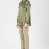 Silk Satin Oversized Double Pocket Shirt in Olive Green