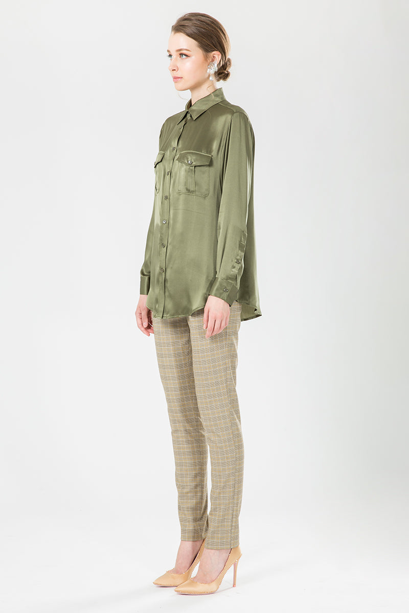 Silk Satin Oversized Double Pocket Shirt in Olive Green