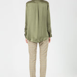Silk Satin Oversized Double Pocket Shirt in Olive Green