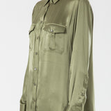 Silk Satin Oversized Double Pocket Shirt in Olive Green