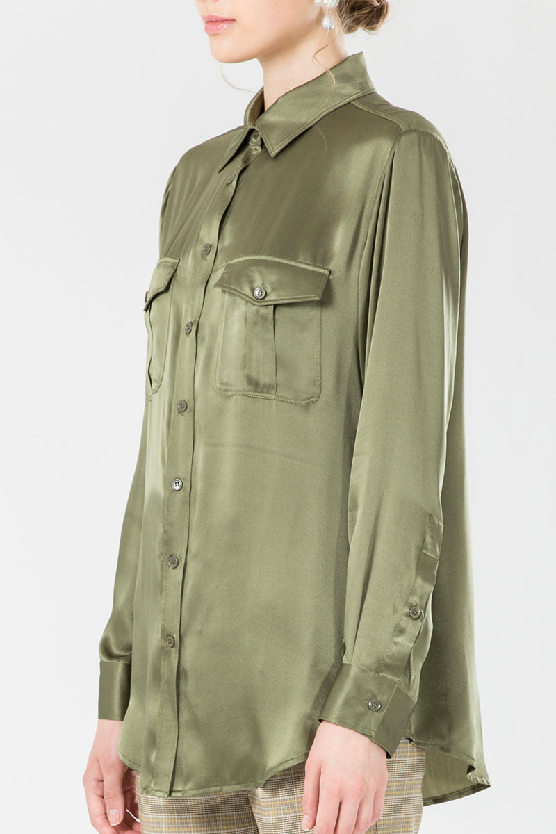 Silk Satin Oversized Double Pocket Shirt in Olive Green