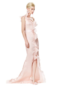 Silk Gazar Asymmetrical Off Shoulder Ruffles Gown in Pink