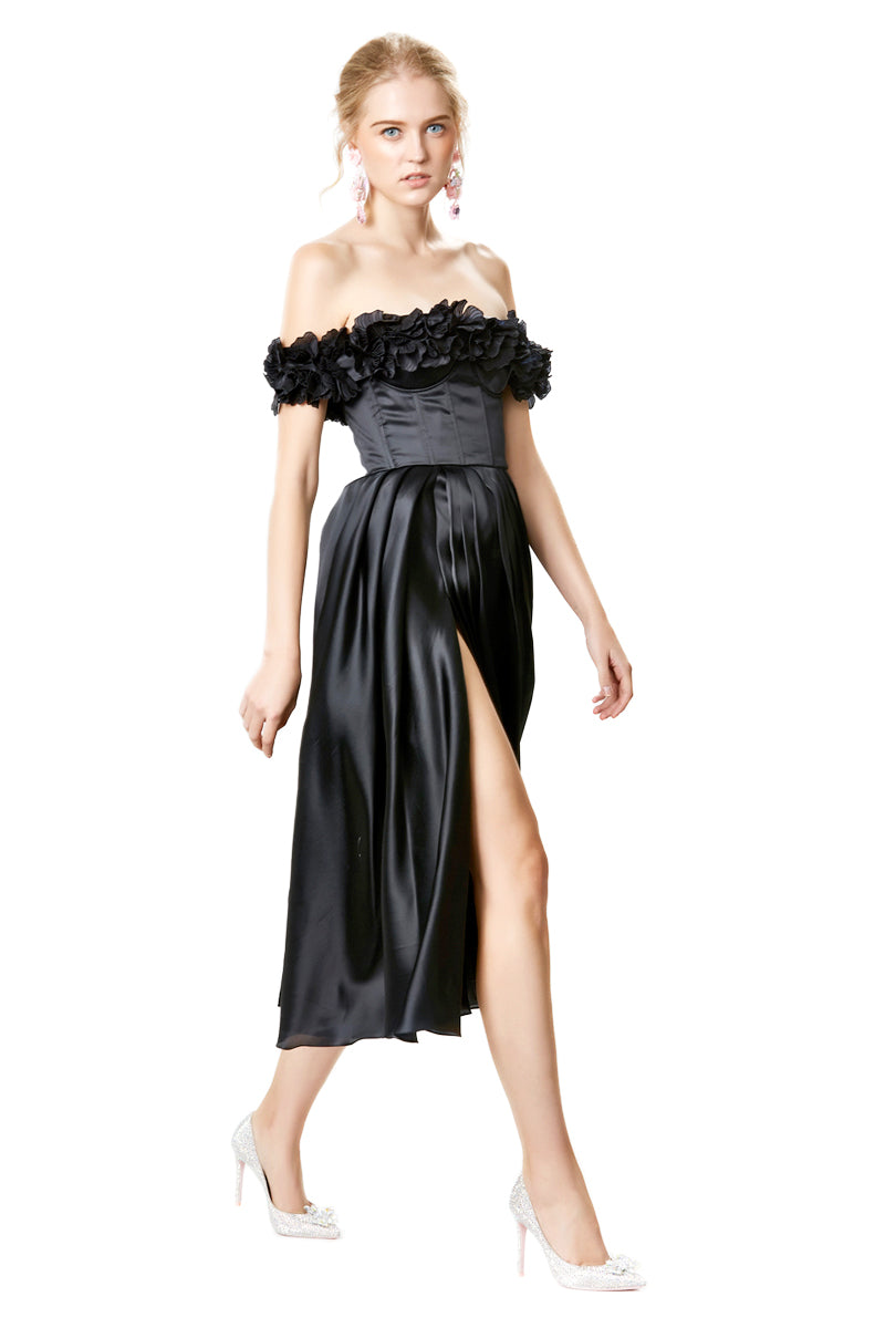 3D Silk Flowers Embellished Off-shoulder Side Slit A Line Dress