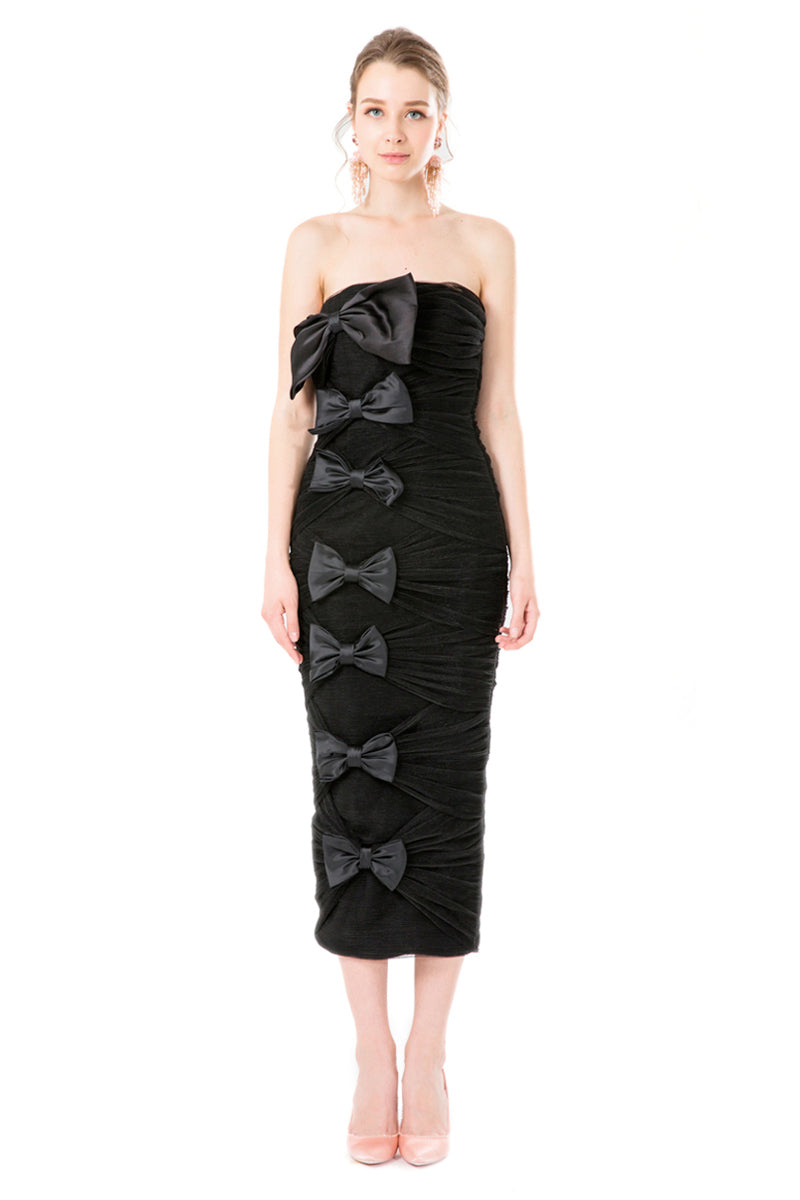 Silk Gazar Ribbon Embellished Draped Tulle Strapless Dress in Black