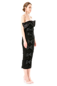 Silk Gazar Ribbon Embellished Draped Tulle Strapless Dress in Black