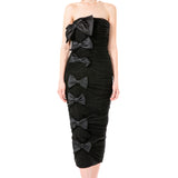 Silk Gazar Ribbon Embellished Draped Tulle Strapless Dress in Black
