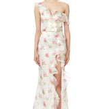 Rose Print Silk Gazar Asymmetrical Side Slit Dress