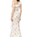 Rose Print Silk Gazar Asymmetrical Side Slit Dress