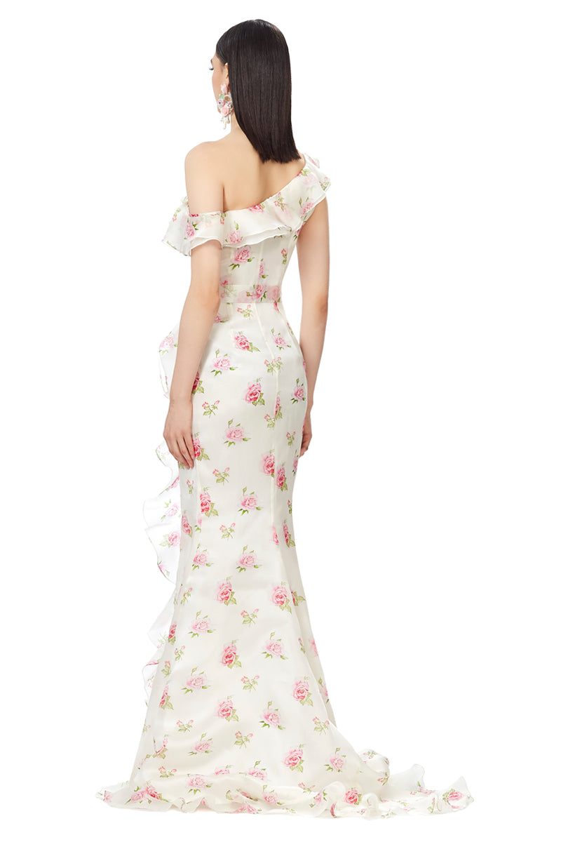 Rose Print Silk Gazar Asymmetrical Side Slit Dress