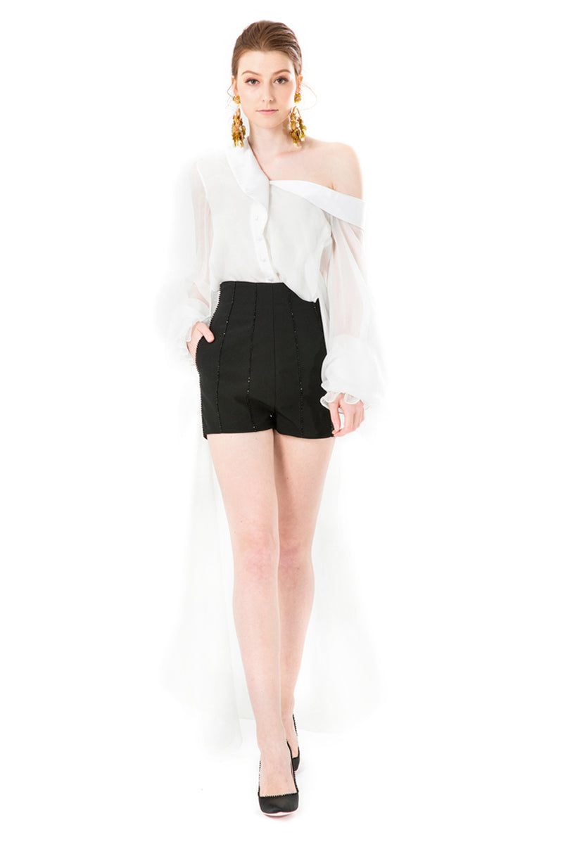 Crystal Beads Embroidered High Waisted Shorts in Black