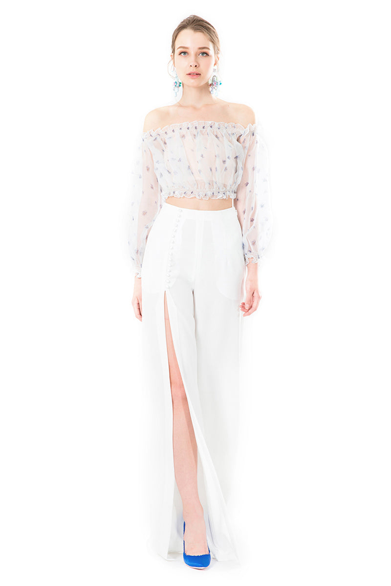Side Slit High Waisted Trousers in White