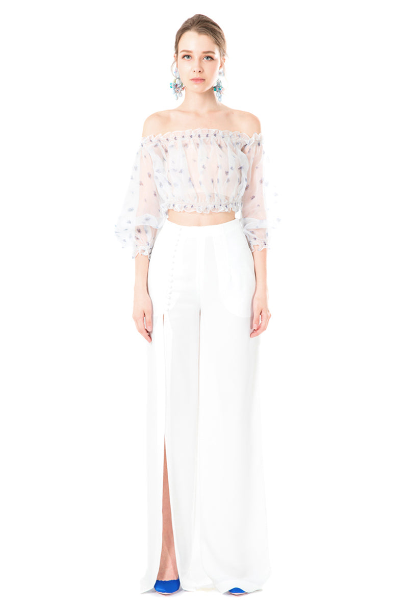 Side Slit High Waisted Trousers in White