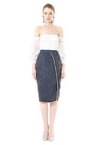 Italian Tweed High Waisted Side Slit Skirt in Blue