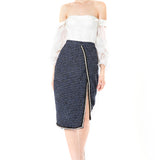 Italian Tweed High Waisted Side Slit Skirt in Blue