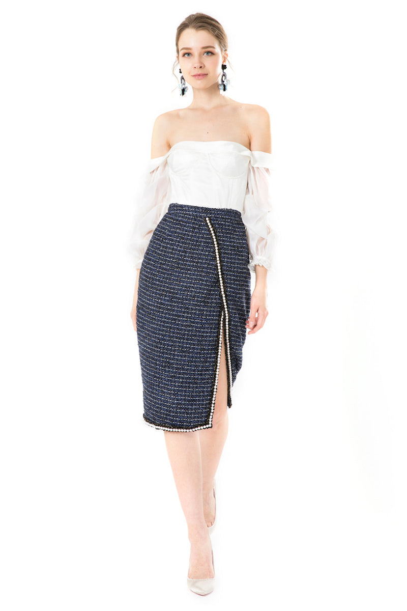 Italian Tweed High Waisted Side Slit Skirt in Blue