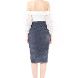 Italian Tweed High Waisted Side Slit Skirt in Blue