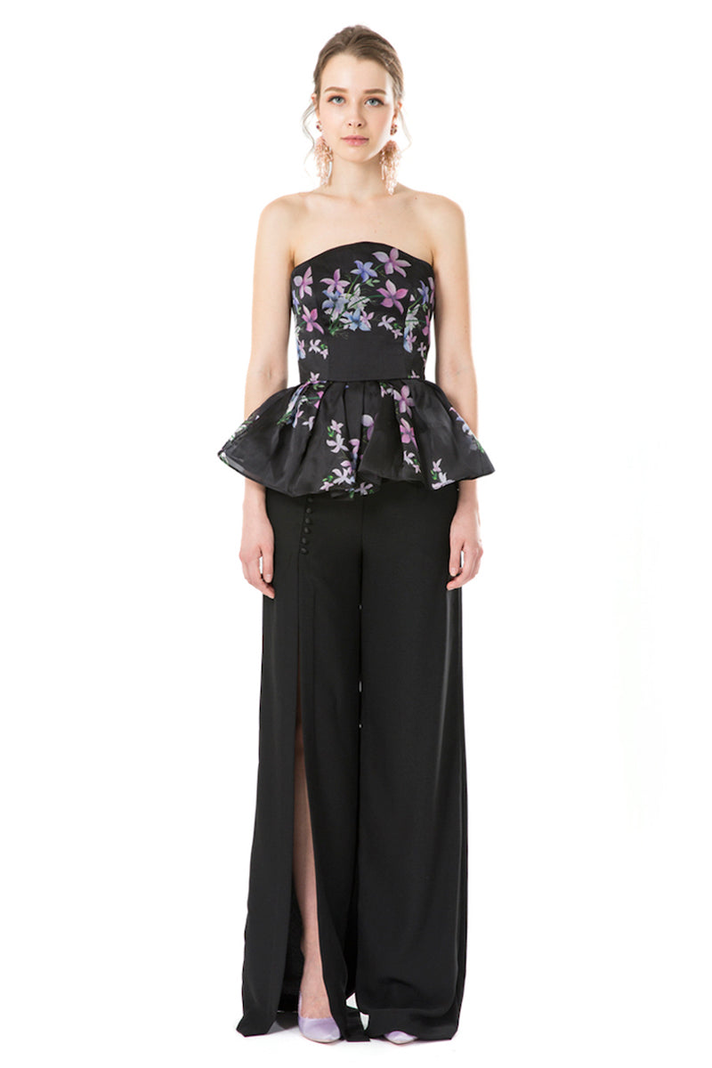 Printed Silk Gazar Strapless Peplum Top in Black
