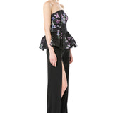 Printed Silk Gazar Strapless Peplum Top in Black
