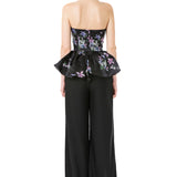 Printed Silk Gazar Strapless Peplum Top in Black