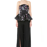 Printed Silk Gazar Strapless Peplum Top in Black